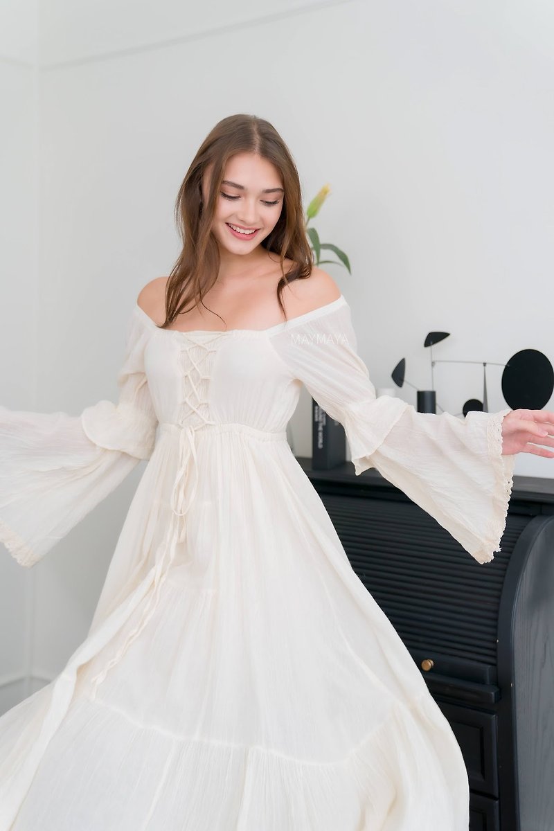 Handmade Boho Off Shoulder Maxi Dress, Beach maxi dress,Bohemian White Wedding - One Piece Dresses - Cotton & Hemp White