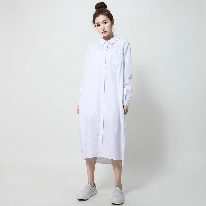 Artsy literary youth long version stitching shirt dress _4AF409_白 - One Piece Dresses - Cotton & Hemp White