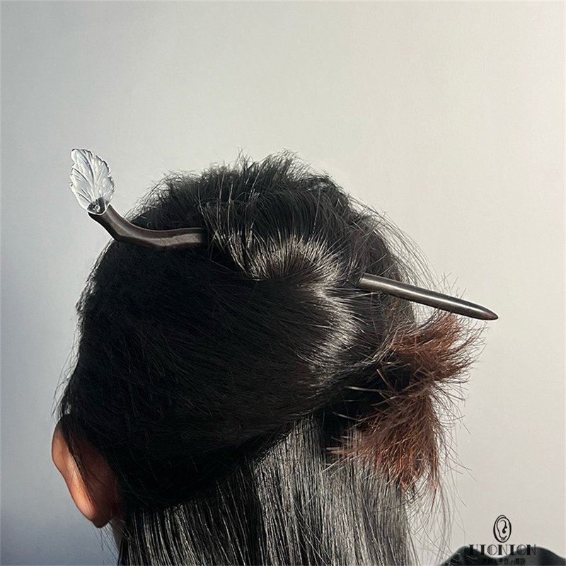 Qingdong~Original glass leaf hairpin autumn and winter wear new Chinese style hair accessories niche hair ebony - Hair Accessories - Other Materials 