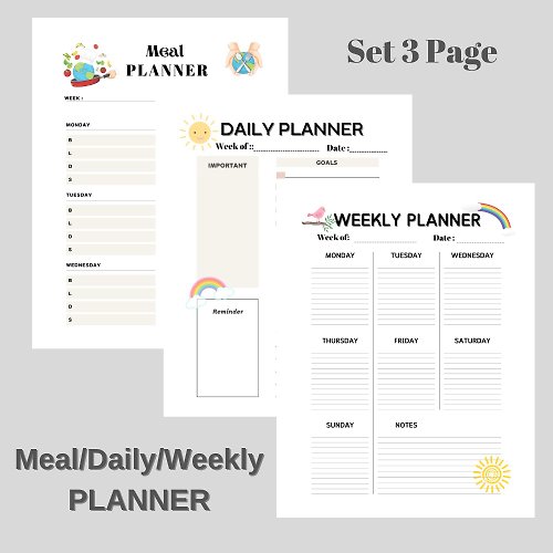 Sasideni Design Set 3 Meal/Daily/Week Planner Printable Downloadable File PDF Print 8.5x11 inch