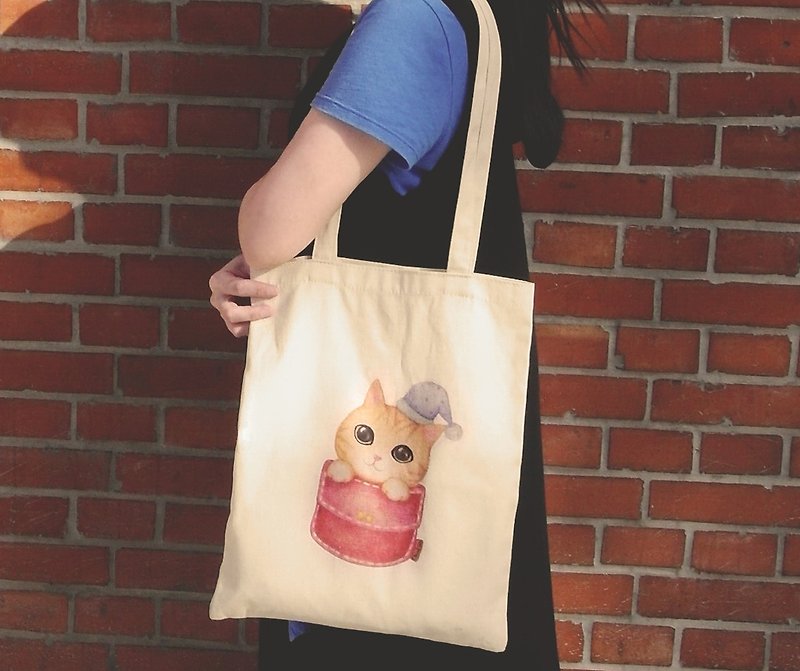 ChinChin手描きの猫のキャンバスバッグ-トリックまたはトリートキャット - ショルダーバッグ - コットン・麻 オレンジ