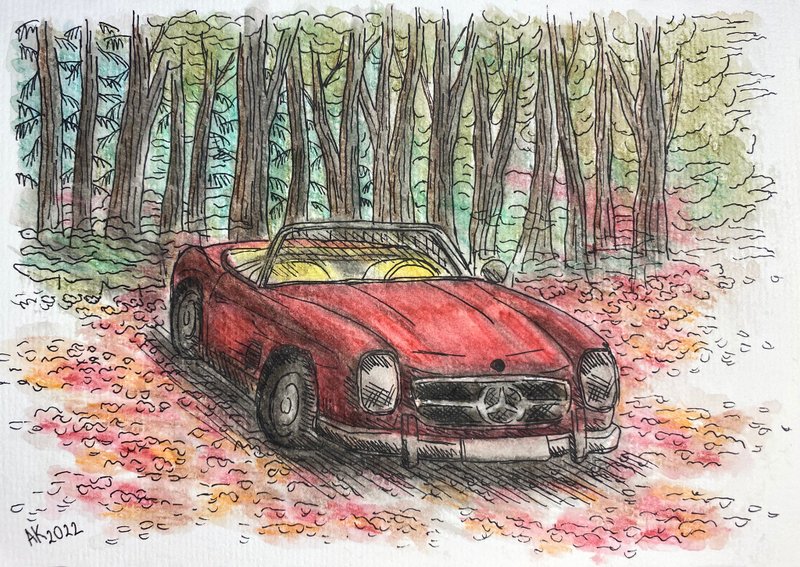 In an Autumn Forest watercolour painting, mercedes sl300 illustration, red car - 壁貼/牆壁裝飾 - 其他材質 紅色