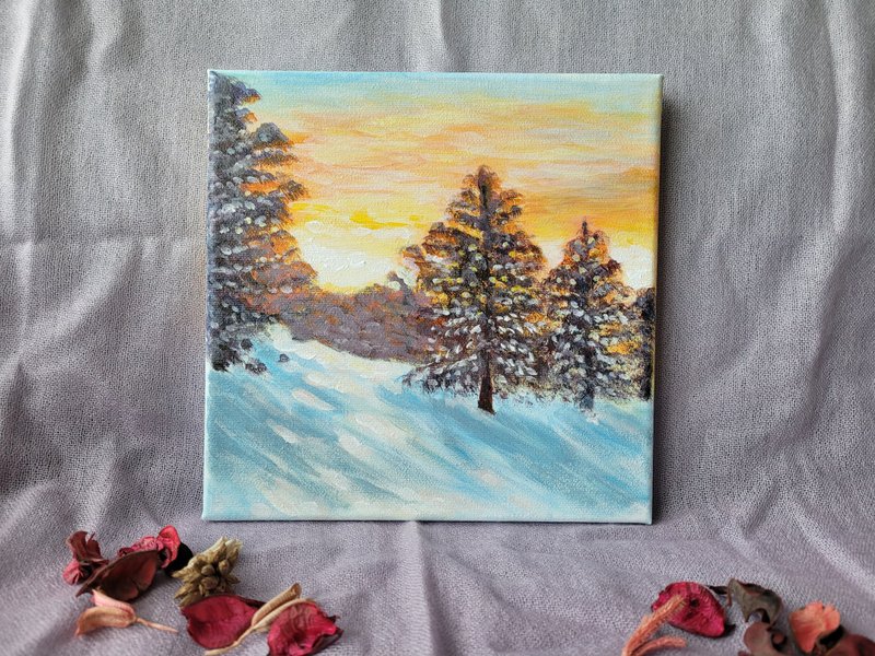 Snow Land Sunset (Acrylic Painting) - โปสเตอร์ - สี 