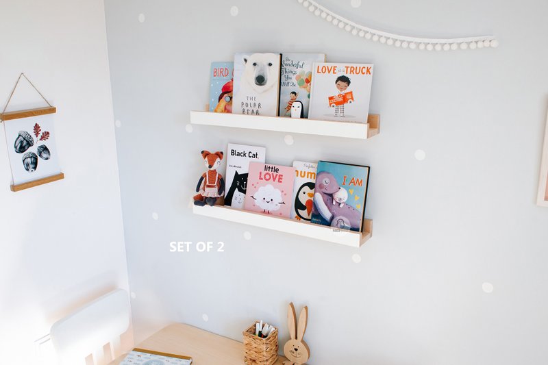 Set of 2 Floating Nursery Bookshelves, Floating Shelf, Picture Ledge, Book Ledge - 兒童家具 - 木頭 