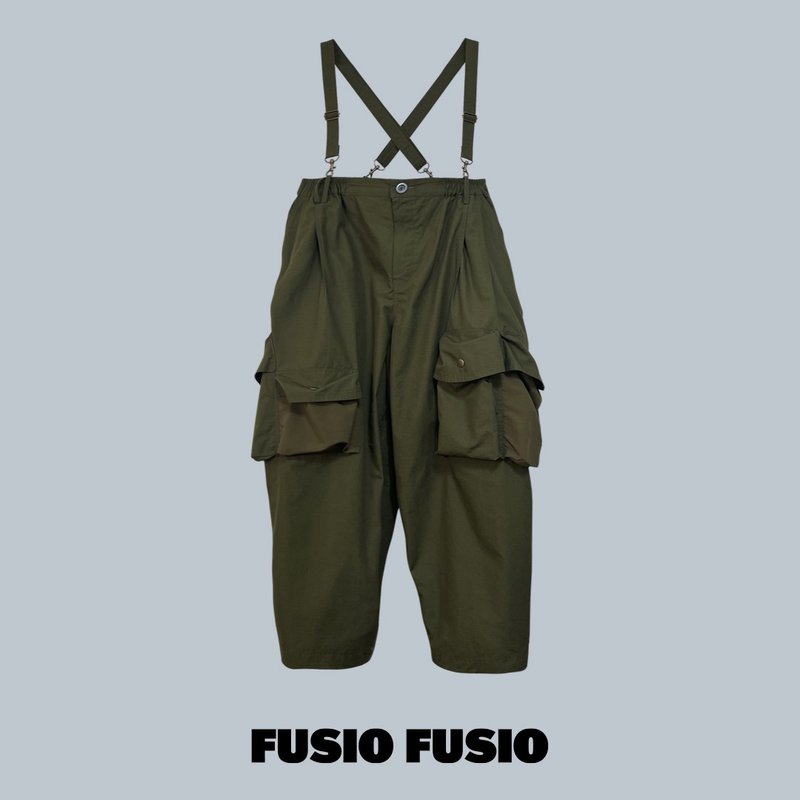 FUSIOFUSIO復古吊帶多口袋工作褲墨綠 - 男長褲/休閒褲 - 棉．麻 綠色