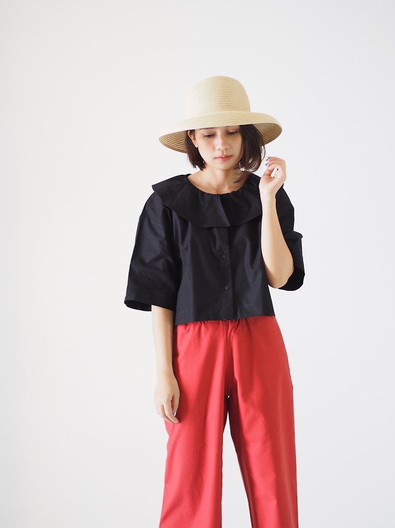 Circle Collar Crop Shirt - Black - 女上衣/長袖上衣 - 棉．麻 黑色