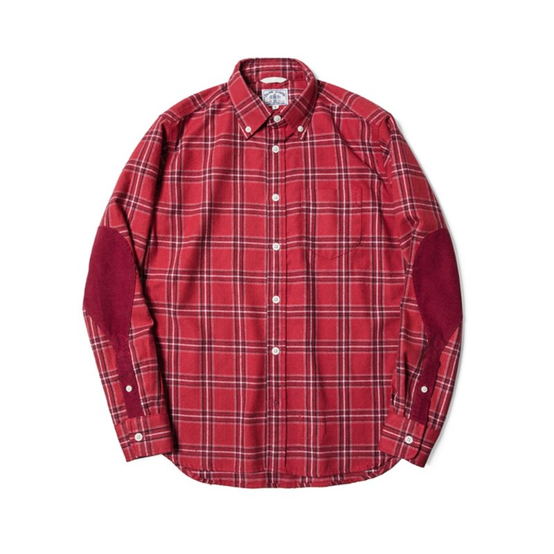 經典Elbow Patch 磨毛格子flannel燈芯絨拼貼襯衫-紅色 - 男襯衫/休閒襯衫 - 棉．麻 紅色