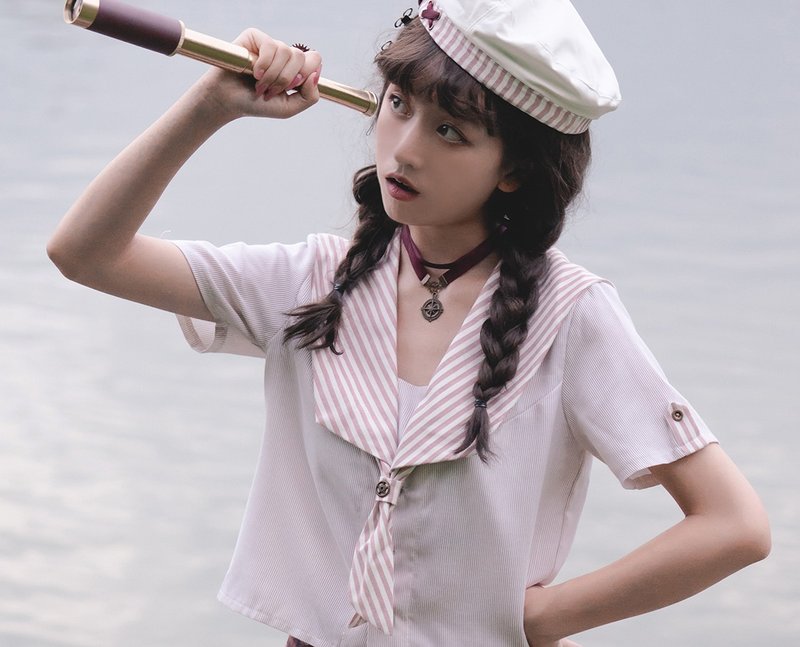 蒸汽朋克 粉白條紋 水手服 水手領制服 海軍風 短袖 短上衣襯衫 - 女襯衫 - 其他人造纖維 粉紅色