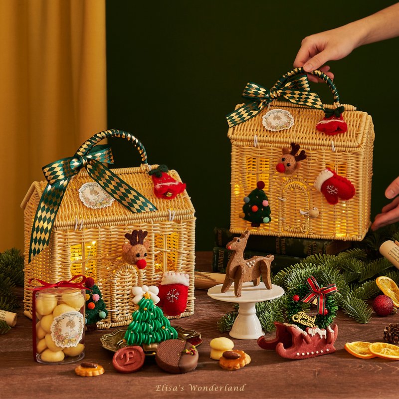 【Winter House】Christmas Bamboo Basket Cookie Gift Box - Handmade Cookies - Fresh Ingredients Brown