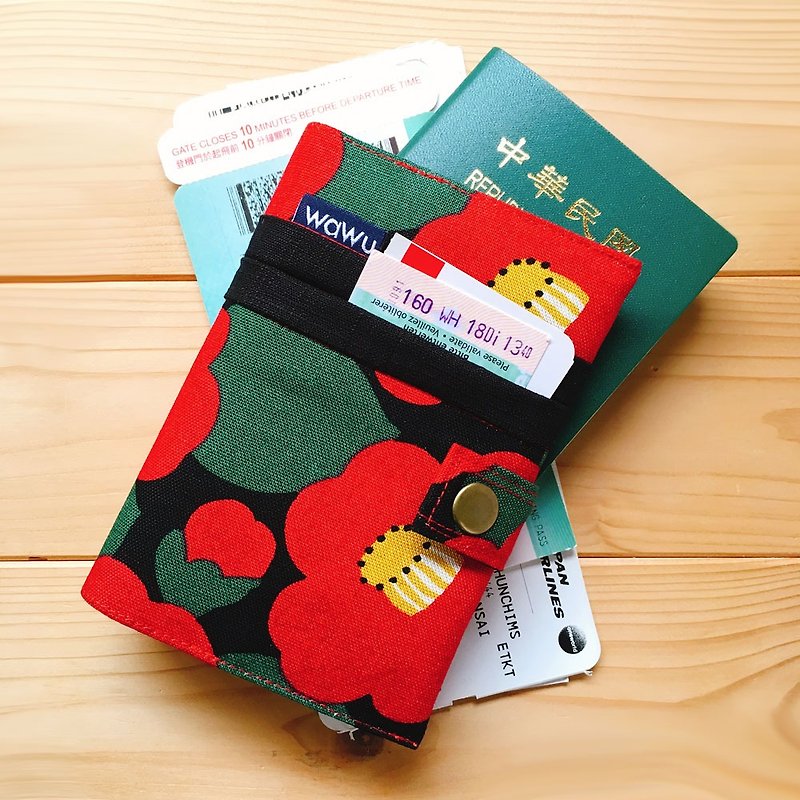 護照套+扣帶 (山茶花)  日布 接單生產* - 護照夾/護照套 - 棉．麻 紅色