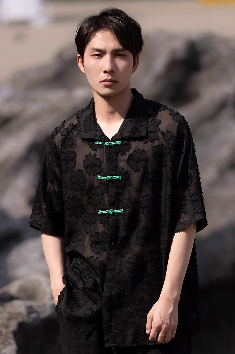 New Chinese retro buttoned short-sleeved shirt - เสื้อเชิ้ตผู้ชาย - วัสดุอื่นๆ สีดำ