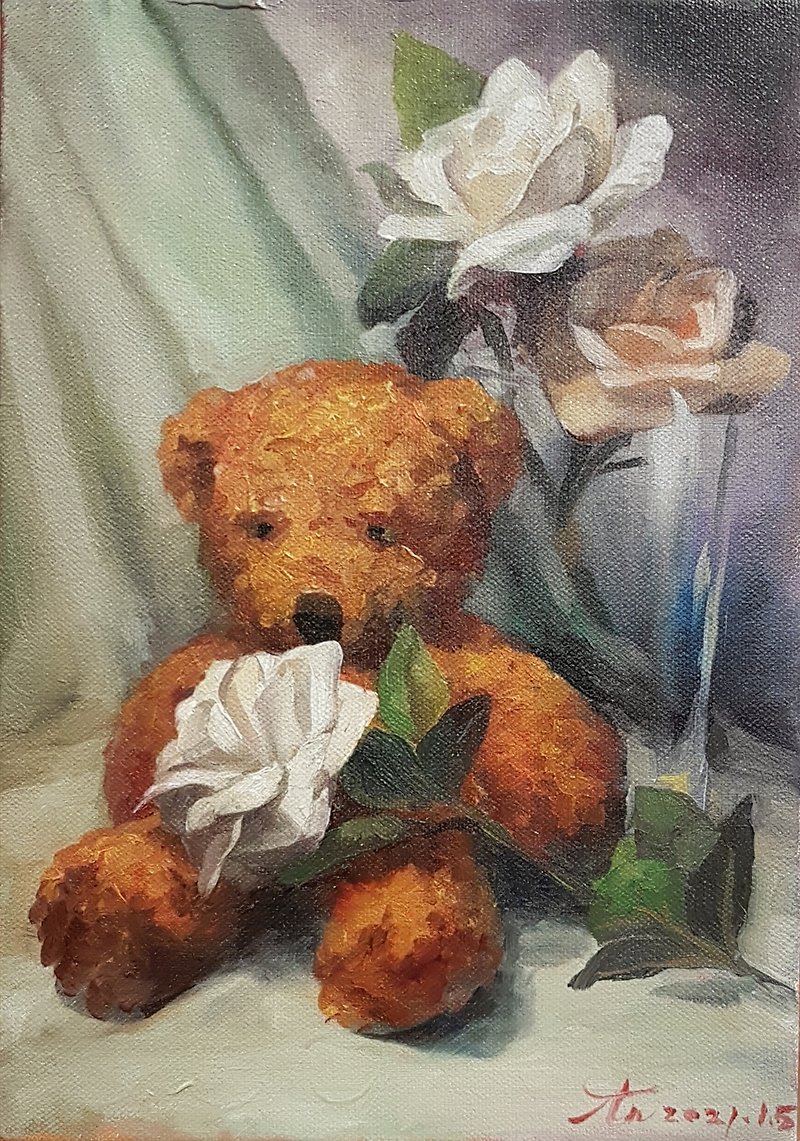 抱著玫瑰的浪漫泰迪熊•古典風格油畫 - 掛牆畫/海報 - 顏料 多色