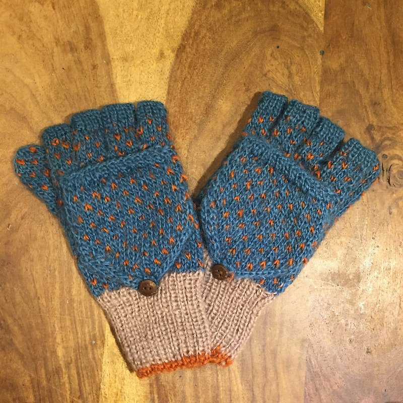 地球樹fair trade&Eco/「手套系列」/手織彩色羊毛露指手套-藍色橘點點 - 其他 - 羊毛 