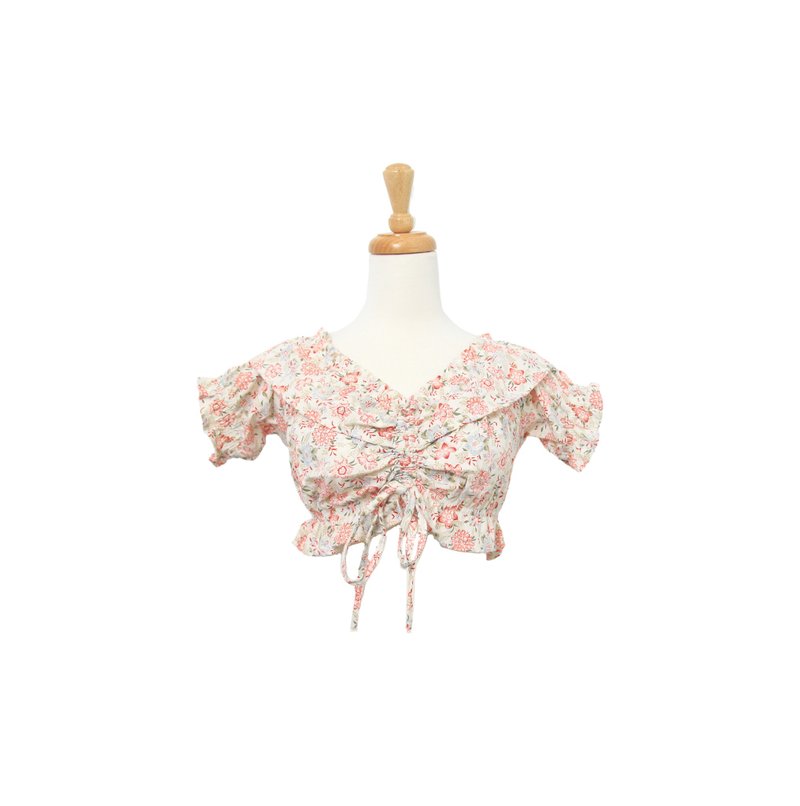 Back to Green- 短版碎花泡泡袖 象牙底 花 vintage shirt - 女上衣/長袖上衣 - 聚酯纖維 