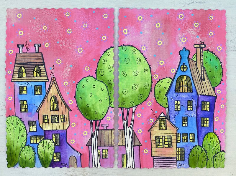 ディプティク絵画オリジナルアートピンクの水彩画都市ミニチュアアートワーク小さな装飾 - ポスター・絵 - 紙 多色