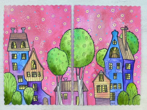 Rubinova Art Diptych painting Original art Pink watercolor City Miniature artwork Small decor