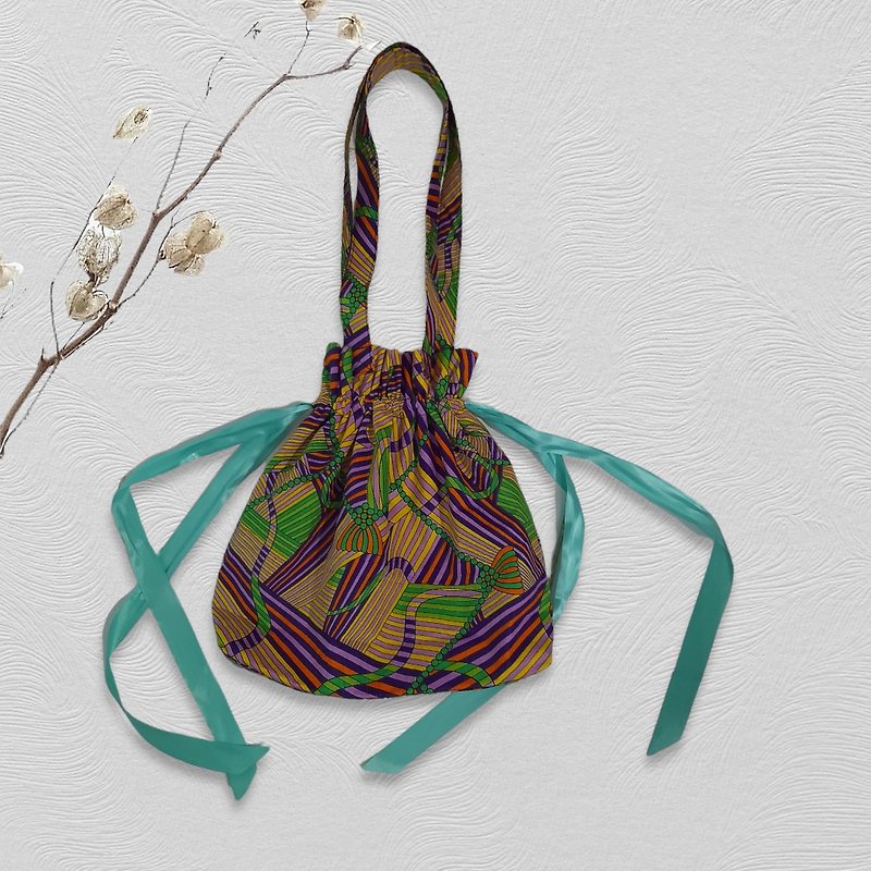 African print drawstring bag, shoulder bag, Ribbon drawstring bag Tote bag Gifts - Drawstring Bags - Cotton & Hemp Green