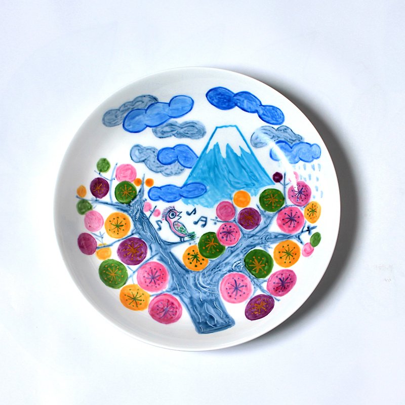 梅と鳥と早春の富士山の深皿 - 小碟/醬油碟 - 瓷 多色