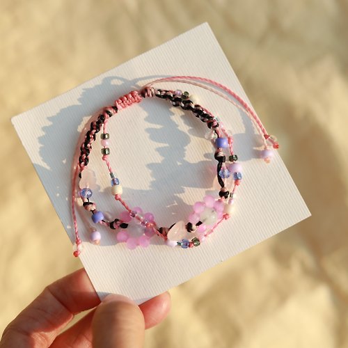 ELBRAZA Pink flower natural stone woven waxed cord double layered bracelet