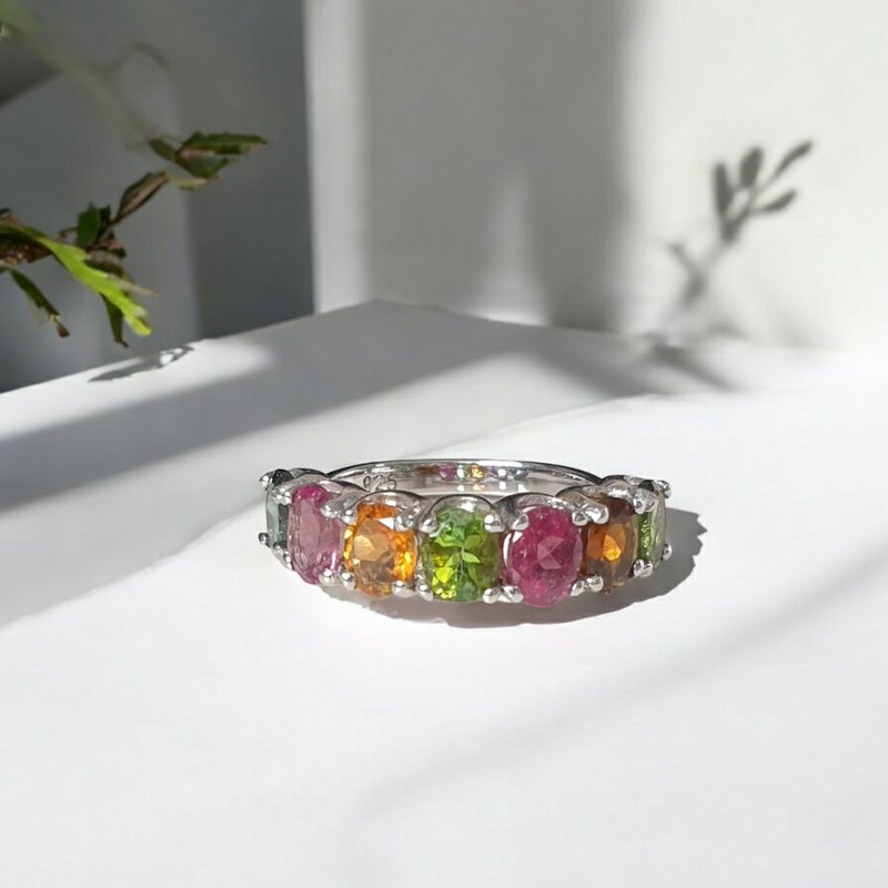 แหวนพลอย Multi-color tourmaline ตัวเรือน silver 925 white gold plated - แหวนทั่วไป - เครื่องเพชรพลอย หลากหลายสี