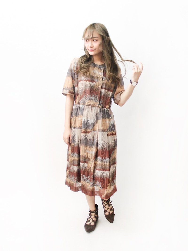 【RE1004D1407】 early autumn retro impression impression illustrations earth color short-sleeved loose ancient dress - One Piece Dresses - Polyester Brown