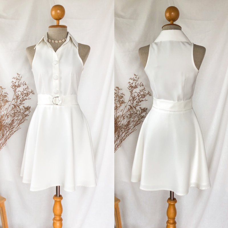 白色禮服 White shirt dress 白いドレス　summer vintage sundress wedding prom collar dress - 洋裝/連身裙 - 聚酯纖維 白色