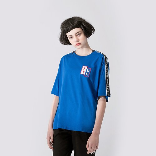 FUTE 【中性款】 寬鬆落肩 反光織帶多色t-shirt / 寶藍