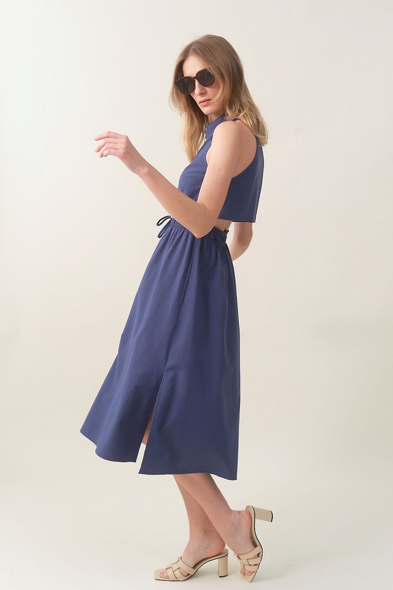 泡泡紗無袖襯衫洋裝中長連身鏤空裙 -  深藍 香港品牌 環保時尚 - 連身裙 - 棉．麻 藍色