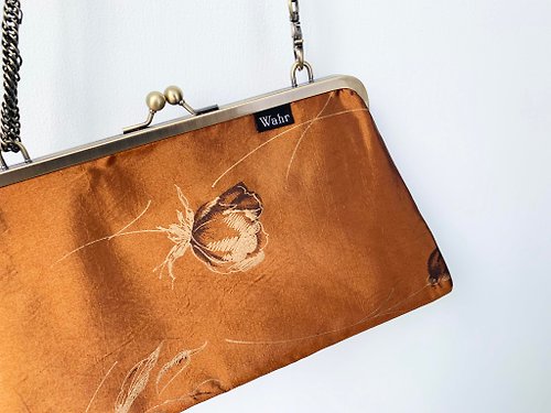 wahr 緞橘花朵 口金包 手拿包 側背包 肩背包 隨身包 化妝包 雜物包
