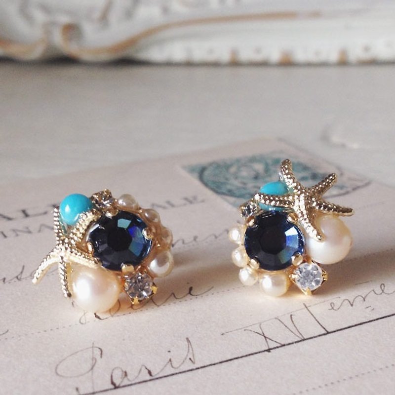14kgf Vintage Pearl and Swarovski Starfish Bijou Earrings - Earrings & Clip-ons - Glass Blue
