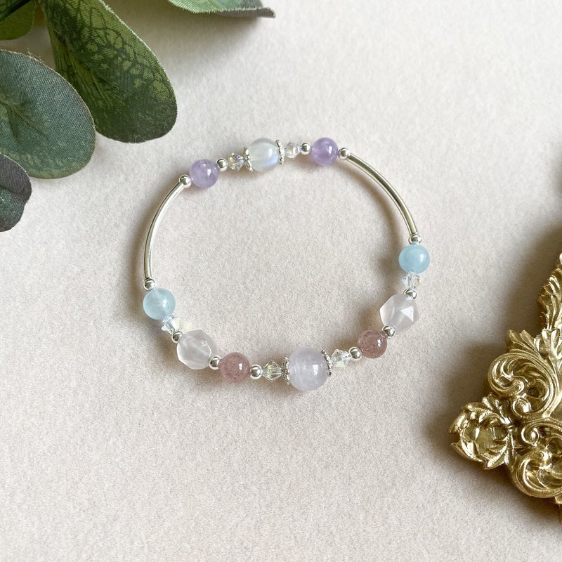 Afternoon garden Hortensia Lotus 925 sterling silver amethyst strawberry crystal pink crystal sea blue - สร้อยข้อมือ - คริสตัล สีเงิน