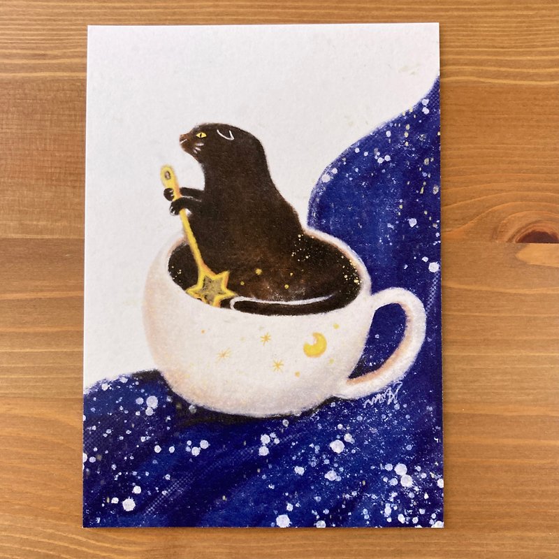 黑貓咖啡夢遊-明信片/厚磅印刷 - 心意卡/卡片 - 紙 黑色