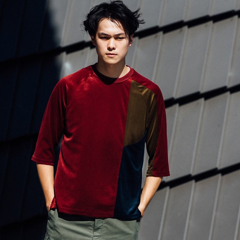 Tri-color Velour Cutting Bracelet Sleeve T-shirt - Men's T-Shirts & Tops - Other Man-Made Fibers Red