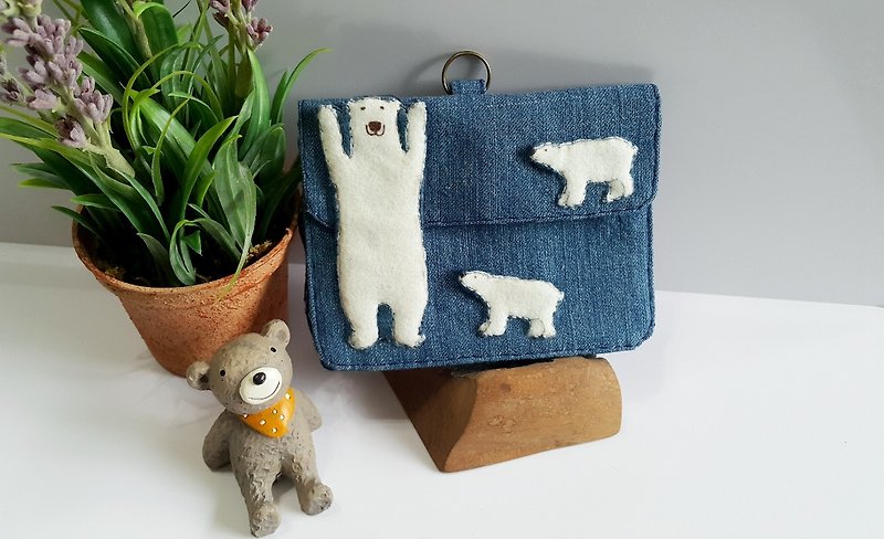 Mini bear hand made polar bear small bag card set / ID package set + leather rope exclusive - ID & Badge Holders - Cotton & Hemp 