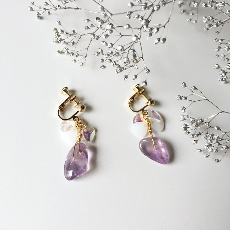 amethyst stones and  Czech beads earrings - 耳環/耳夾 - 寶石 紫色