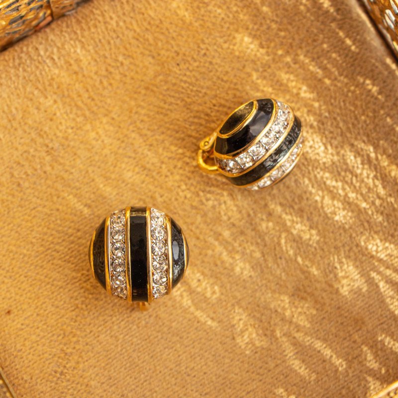 Paris, France Nina Ricci brand vintage simple striped black enamel inlay Stone gold plated ear acupuncture - ต่างหู - โลหะ สีดำ
