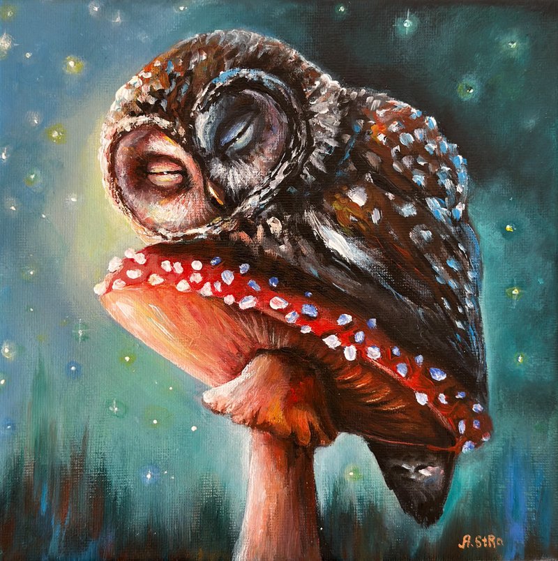 Owl original painting on canvas, Animal art, Owl nursery decor, Mushroom poster - 壁貼/牆壁裝飾 - 棉．麻 多色
