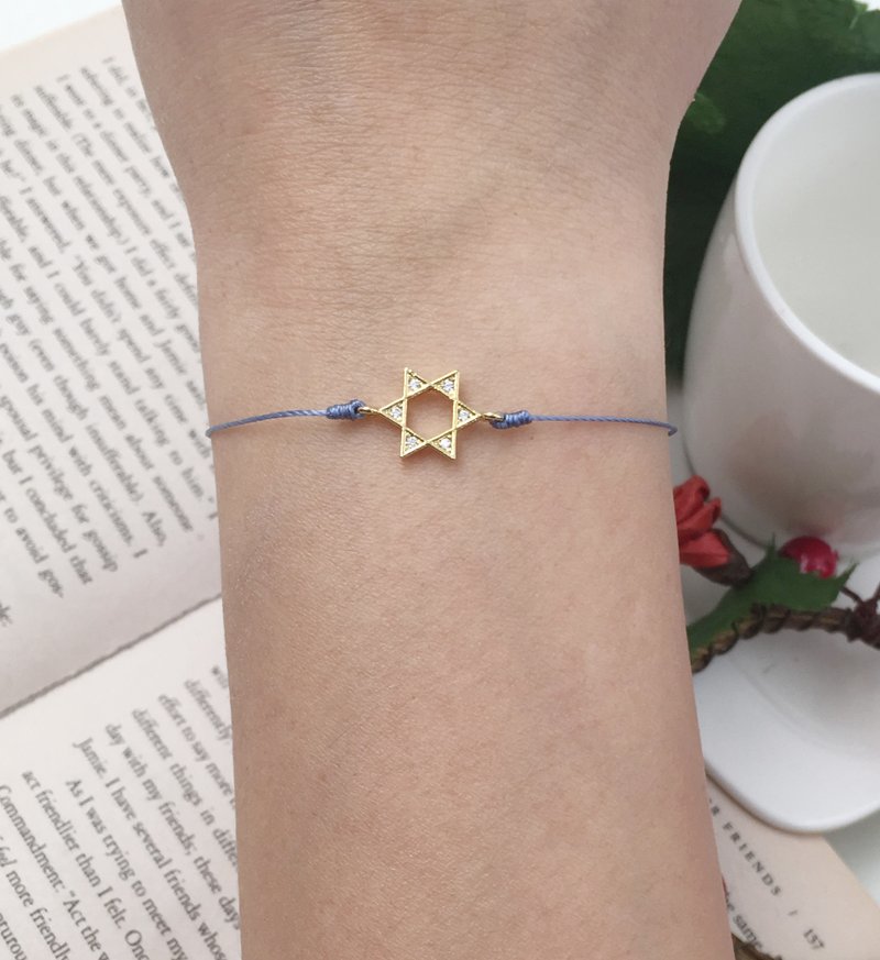 *Le Bonheur Line Happiness Line*Golden six-pointed star six triangle rhinestones / red line hand strap red line sky blue special thin line magic six-pointed star - สร้อยข้อมือ - ผ้าฝ้าย/ผ้าลินิน สีน้ำเงิน