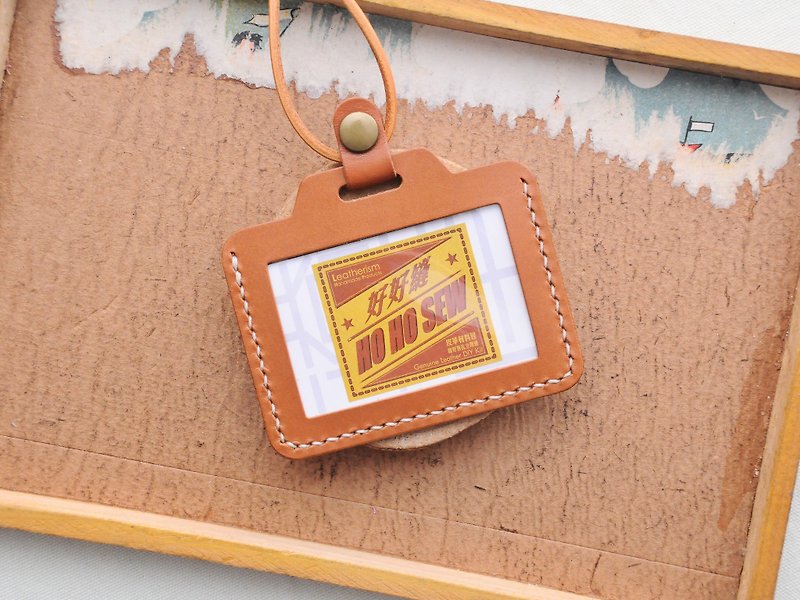 Classic cross-body ID holder—orange Brown TAN, well-stitched leather material bag, free hand-embossed hand bag, card holder, card holder, card holder, simple and practical Italian leather, vegetable-tanned leather, leather DIY card holder, card holder, ticket holder - ที่ใส่บัตรคล้องคอ - หนังแท้ สีส้ม