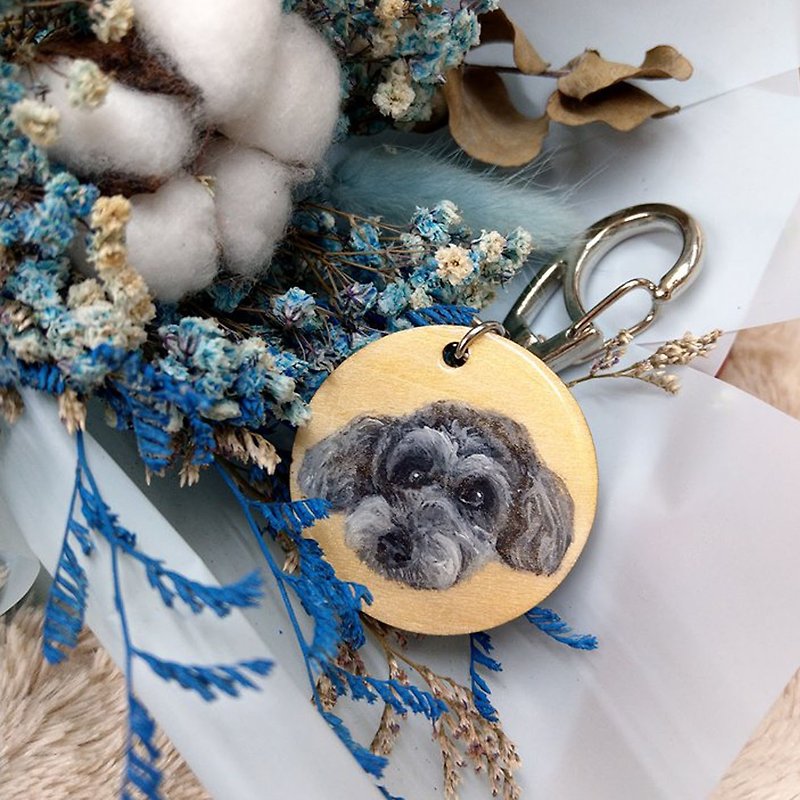 Customized pet wood key ring hand-painted key ring pet portrait - Collars & Leashes - Wood 