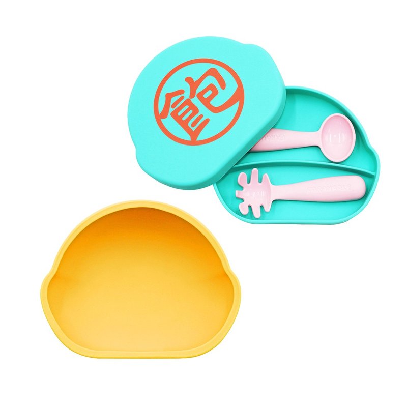 FARANDOLE Silicone Suction Cup Bowl (Yellow) + Silicone Box (Teal-Full) + Smart Learning Tableware Set (Pink) - Children's Tablewear - Silicone Multicolor