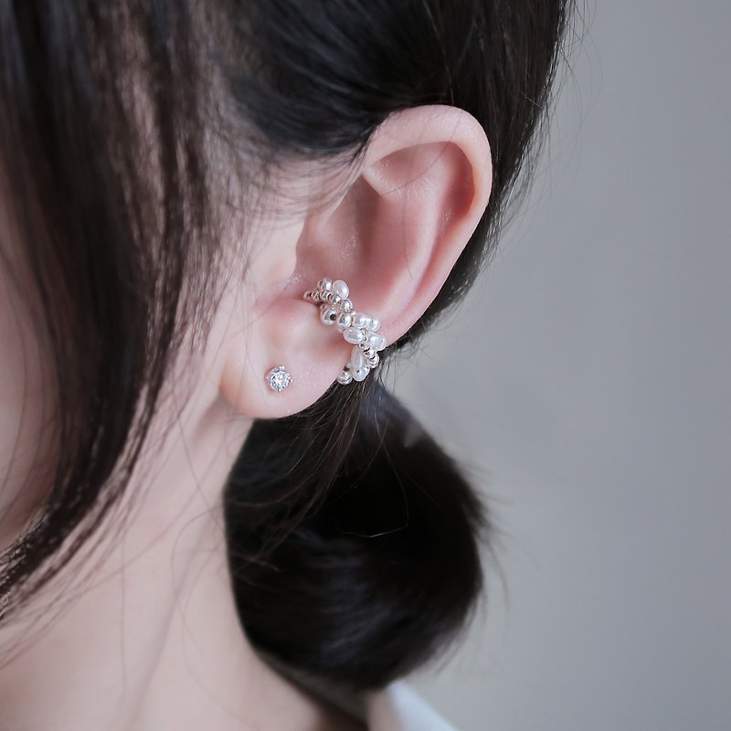925純銀 珠光蜜麻花 珍珠圓珠 耳骨夾 耳夾 耳環 免費送禮包裝 - 耳環/耳夾 - 純銀 灰色