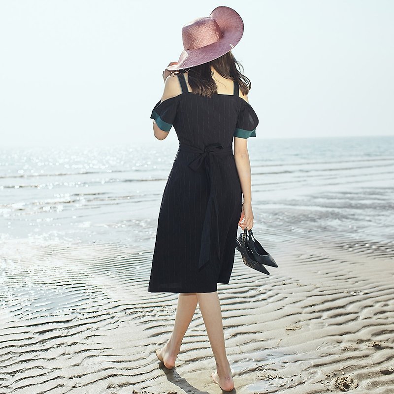 安妮陳2017夏裝新款女士黑色漏肩連身裙洋裝 - 連身裙 - 聚酯纖維 黑色