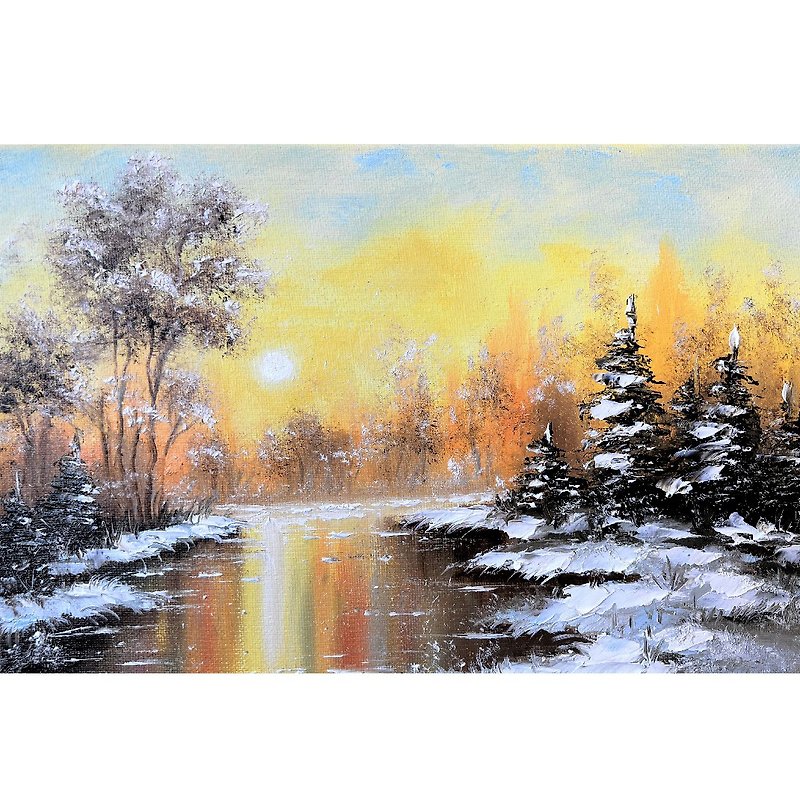 Winter Painting Landscape Original Art 20x30 cm/ 8 by 12 in by Oksana Stepanova - 海報/掛畫/掛布 - 棉．麻 多色