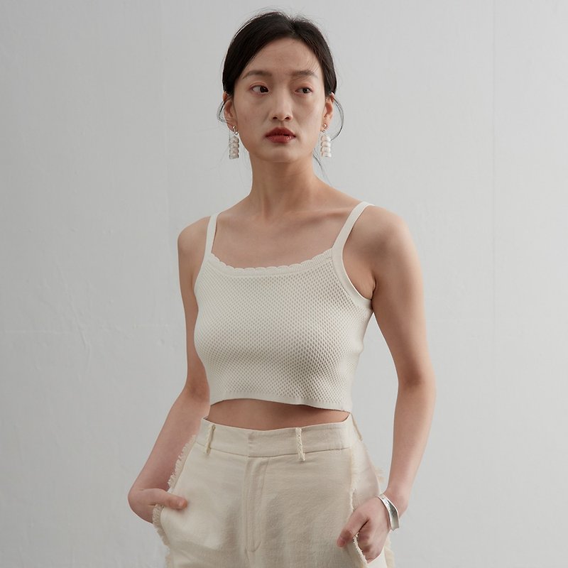 Diffuse texture knitted camisole|Spring style|Autumn-0014 - Women's Vests - Wool White