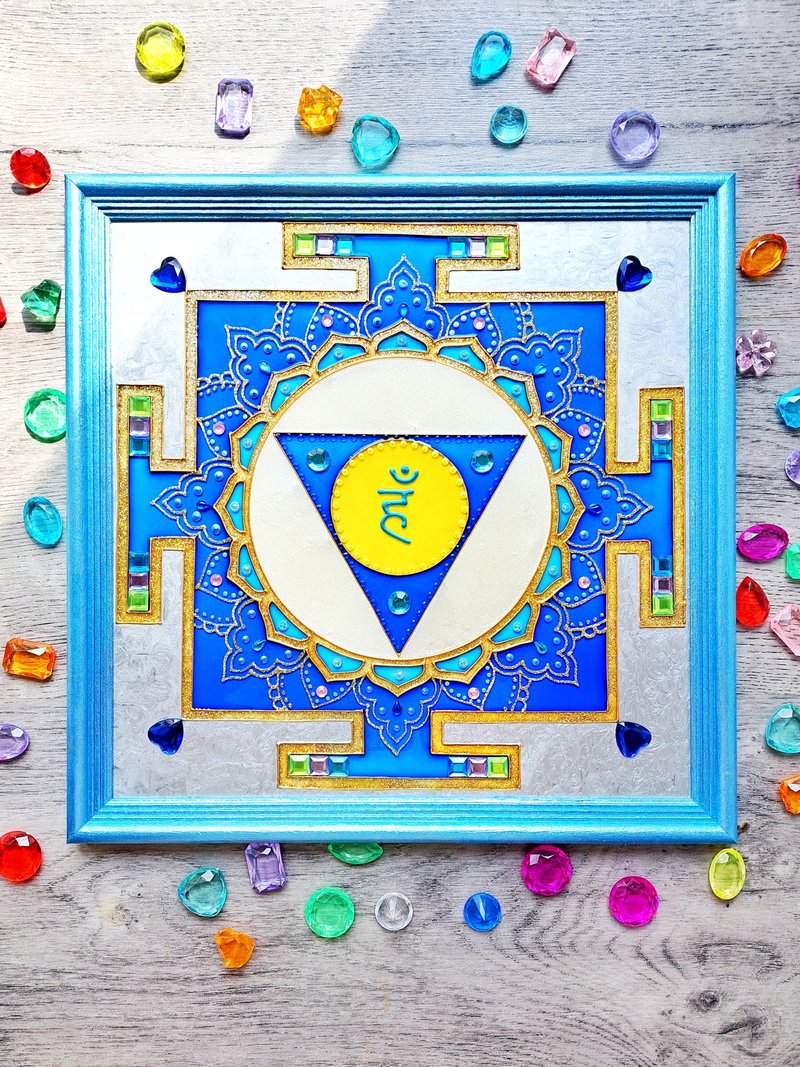 斯里兰卡Yantra Vishuddha查克拉吠陀占星术艺术通电祝福曼陀罗Va - 壁貼/牆壁裝飾 - 玻璃 藍色