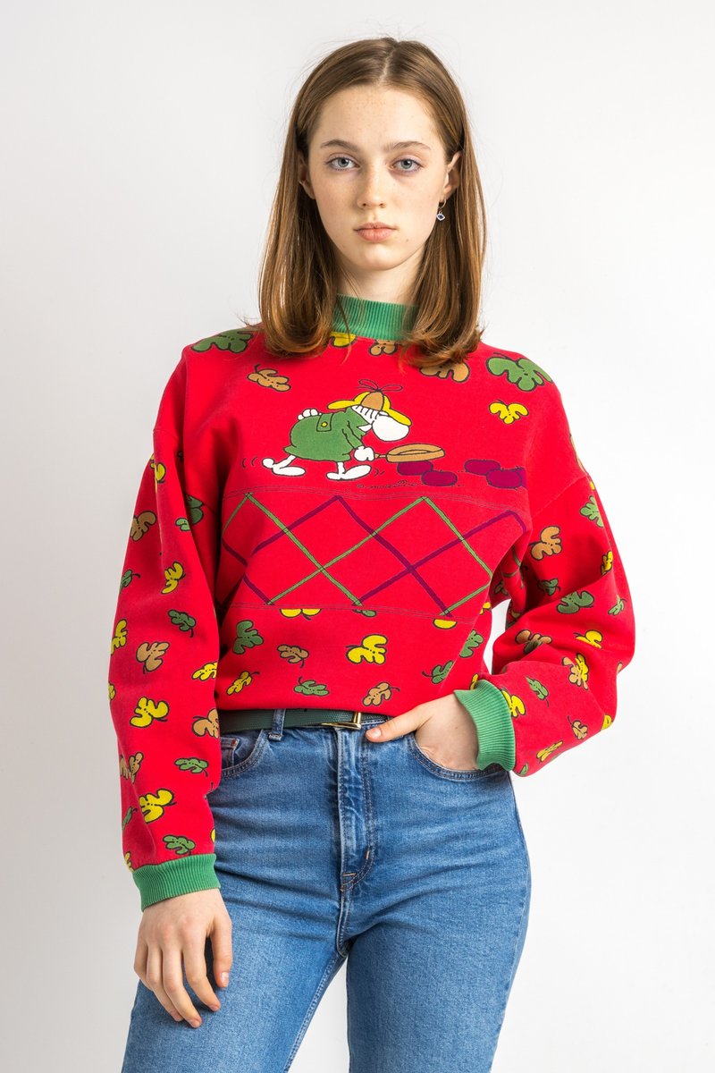 Vintage Amoroso Red Retro Animal Graphic Print Woman Sweatshirt 5920 - 女毛衣/針織衫 - 棉．麻 紅色
