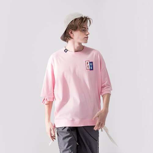 FUTE 【中性款】 脇邊綁帶圓領短袖t-shirt / 粉紅色