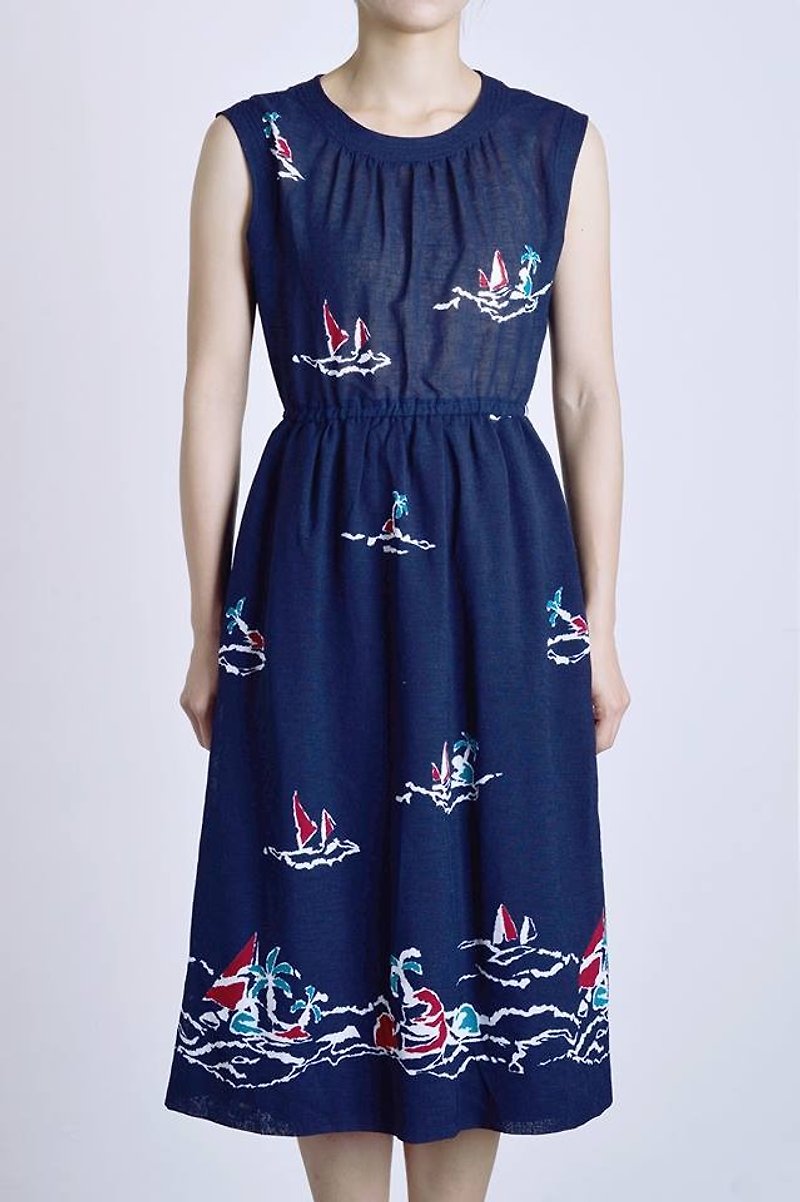 《Vintage dress》藍底小船 VD171 - 洋裝/連身裙 - 聚酯纖維 藍色