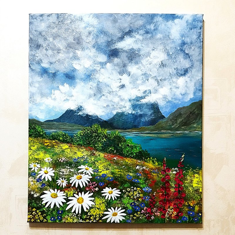 Mountain Landscape Acrylic Painting Wildflowers Wall Decoration Art Impasto - 壁貼/牆壁裝飾 - 壓克力 多色